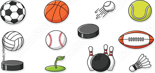 Sports Ball and Game Equipment Icon Set with Soccer Basketball Baseball Tennis Volleyball Bowling Shuttlecock and Hockey Puck Vector Collection