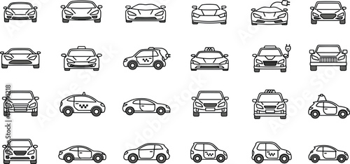 Autonomous Self Driving Car Line Icon Set with Electric Vehicles, Robot Taxi, Smart Transportation, AI Mobility and Driverless Automobile Technology Concepts