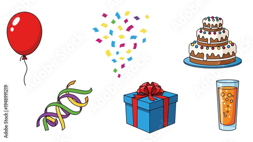 Birthday Cake with Balloons and Gifts.