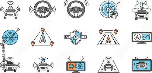 Autonomous Driving and Smart Car Technology Icon Set with AI Navigation Sensors Radar GPS Self Driving Vehicle and Intelligent Transport Vector Collection