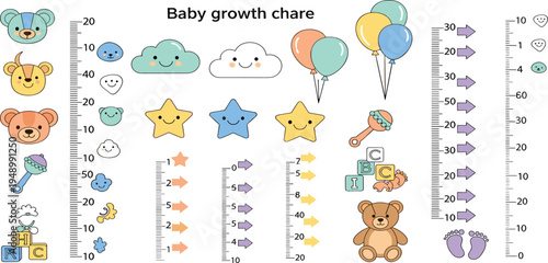 Baby Growth Chart Vector Set with Cute Teddy Bear, Balloons, Stars, Clouds, Rattle, Blocks and Height Measurement Scale for Nursery Wall Decoration Design