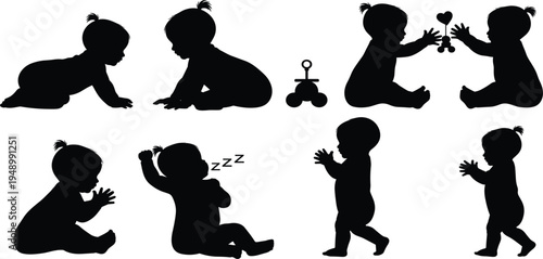 Baby Silhouette Collection with Crawling, Sitting, Walking, Sleeping and Playing Infant Poses for Child Development, Parenting and Nursery Design Illustration