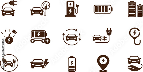 Collection of electric vehicle and charging station icons in black on white background