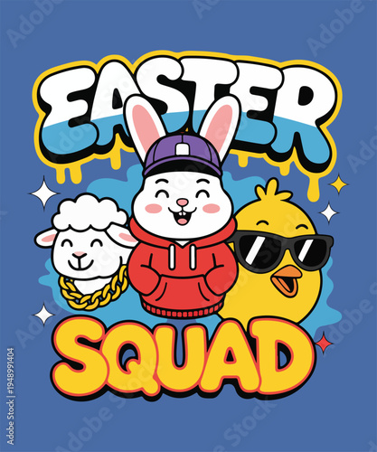 Easter Squad Cute Bunny Chick and Lamb Cartoon Easter Illustration