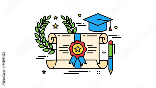 Graduation Certificate with Laurel Wreath and Cap.
