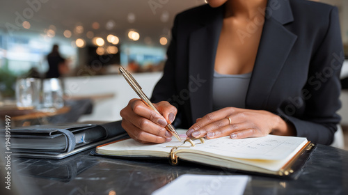 Close-up Of A Businesswoman Making Agenda On Personal Organizer At Workplace