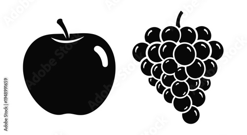 Black and white illustration of an apple and a bunch of grapes