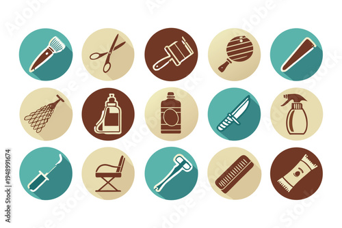 Professional Barber Shop Icon Set with Flat Design Symbols for Grooming. 
Hair Styling including Scissors, Razors, Combs, Shaving Brushes, Clippers. 
Barber Poles for Salon Branding.