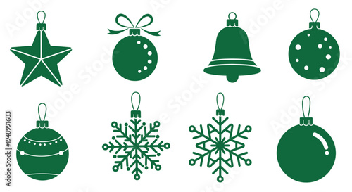 Green christmas ornaments and snowflakes in a simple flat design