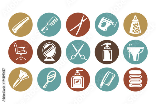 Professional Barber Shop Icon Set with Flat Design Symbols for Grooming. 
Hair Styling including Scissors, Razors, Combs, Shaving Brushes, Clippers. 
Barber Poles for Salon Branding.