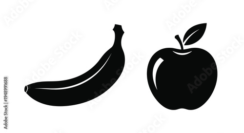 Black and white illustration depicting a banana and an apple