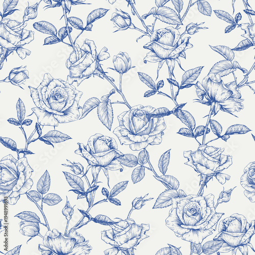 Toile art Floral vector seamless pattern flowers Roses, blue beige. Vintage Hand drawn engraved elements. Background for design wedding, packaging, textile, wrapping paper, wallpaper, Fashion apparel