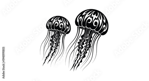 Two stylized jellyfish illustrations in black and white with swirling tentacle designs