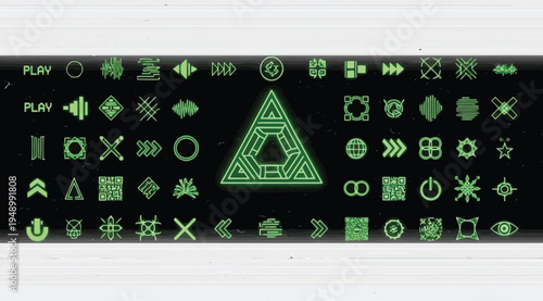 Collection of various green neon icons and symbols on black background for design and multimedia use