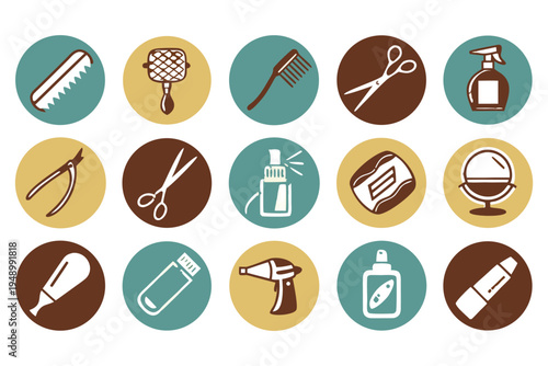 Professional Barber Shop Icon Set with Flat Design Symbols for Grooming. 
Hair Styling including Scissors, Razors, Combs, Shaving Brushes, Clippers. 
Barber Poles for Salon Branding.