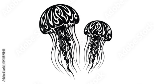 Stylized black and white image depicting two jellyfish with intricate patterns
