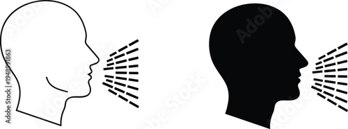 Minimalist vector illustration of human profile heads speaking with sound waves, featuring line art and black silhouette styles for communication and speech design projects.
