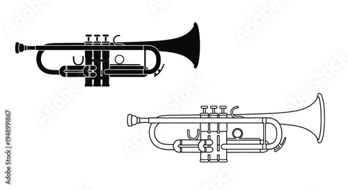 Two black and white illustrations of a trumpet shown in profile views