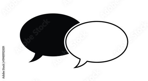 Two speech bubbles one filled and one empty in black and white