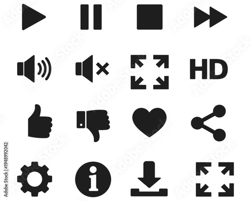 A collection of black media player control icons including volume thumbs up and share in silhouette high quality professional detailed modern