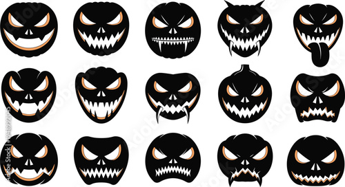 Halloween jack-o’-lantern faces collection, spooky pumpkin carvings, scary expressions, vampire fangs, horns, tongue, menacing design, Halloween decoration, flat vector