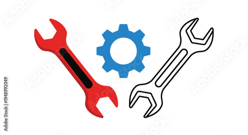 Illustration depicting a red wrench a blue gear and a black wrench
