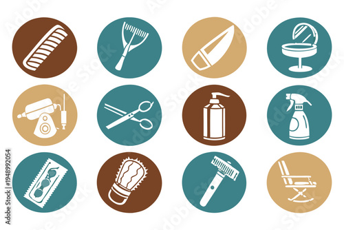 Professional Barber Shop Icon Set with Flat Design Symbols for Grooming. 
Hair Styling including Scissors, Razors, Combs, Shaving Brushes, Clippers. 
Barber Poles for Salon Branding.