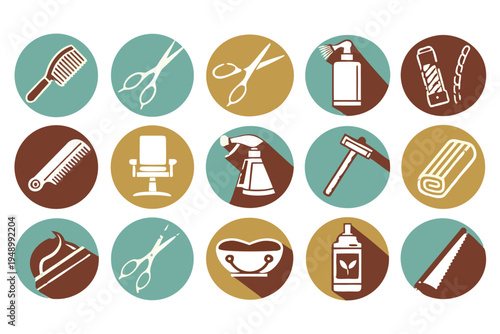 Professional Barber Shop Icon Set with Flat Design Symbols for Grooming. 
Hair Styling including Scissors, Razors, Combs, Shaving Brushes, Clippers. 
Barber Poles for Salon Branding.