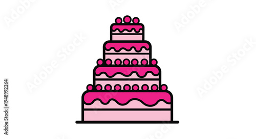 A vibrant multi tiered pink wedding cake with decorative frosting details
