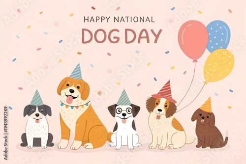 This delightful illustration features a charming group of five cartoon dogs, each sporting a festive party hat, sitting contentedly in a cheerful line, celebrating happy national dog day amidst a whim