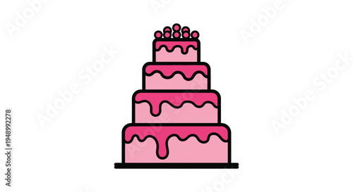 A colorful four tiered cake with pink frosting and decorative toppings