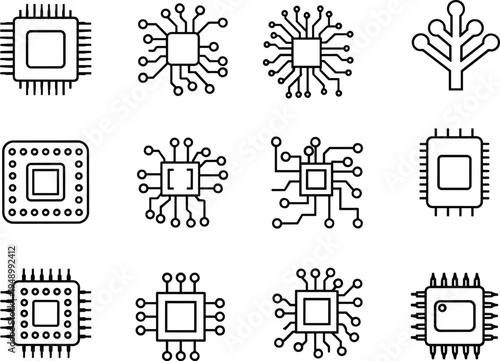 Vector collection of black minimalist computer chip and processor icons featuring circuit board patterns microchip designs and hardware technology components isolated on white background