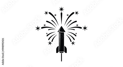 A black silhouette of a firework rocket exploding into a starburst pattern