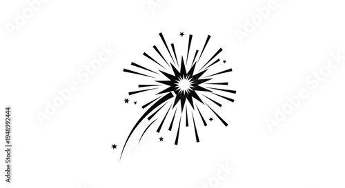 A stylized black firework burst with radiating lines and scattered stars