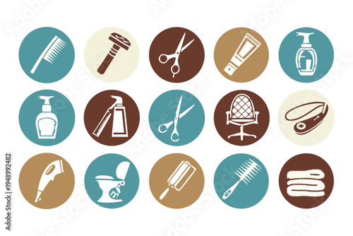 Professional Barber Shop Icon Set with Flat Design Symbols for Grooming. 
Hair Styling including Scissors, Razors, Combs, Shaving Brushes, Clippers. 
Barber Poles for Salon Branding.