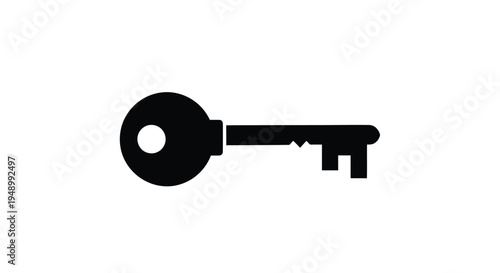 Simple black silhouette of a traditional key on a white background