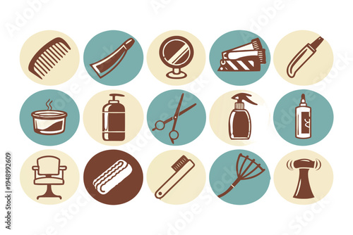Professional Barber Shop Icon Set with Flat Design Symbols for Grooming. 
Hair Styling including Scissors, Razors, Combs, Shaving Brushes, Clippers. 
Barber Poles for Salon Branding.
