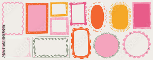 A collection of decorative frame in various shapes and colors including pink orange and yellow
