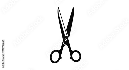 A black and white illustration of a pair of open scissors