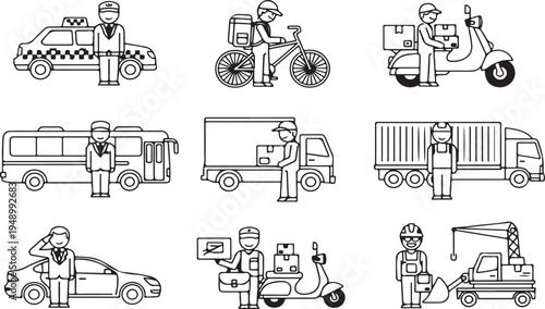 Collection of various delivery workers with different vehicles and trucks in a line