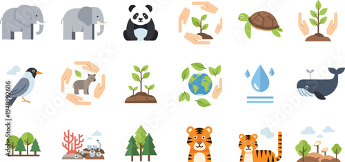 Wildlife Conservation and Nature Protection Icon Set Featuring Animals, Trees, Water, and Environmental Sustainability Concepts.