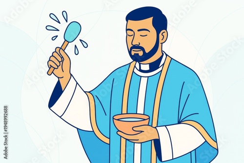 Priest performing holy water blessing ritual in traditional robes on light abstract background, illustrating religious culture and spiritual ceremony. Ai generative