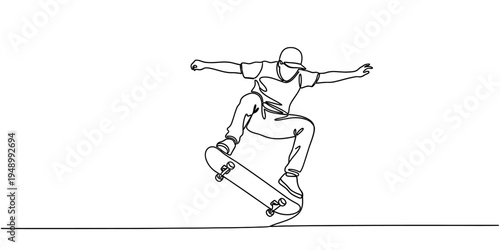 One line skateboarder jumping trick minimal continuous line vector illustration