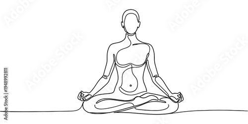 Woman Practicing Yoga Meditation Lotus Pose Minimal Continuous Line Art