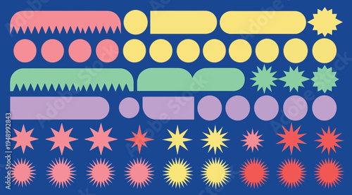 Colorful shapes and stars in various sizes and styles on blue background