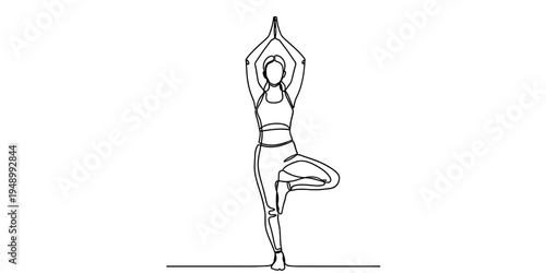 Woman Practicing Tree Yoga Pose Minimal Continuous Line Art