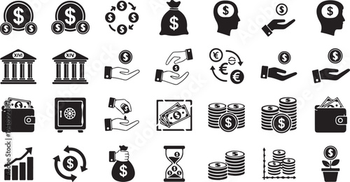 Collection of various money and finance icons in black and white isolated on white background