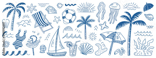 A collection of hand-drawn blue and white beach and ocean-themed including palm trees, seashells, beach balls, and jellyfish