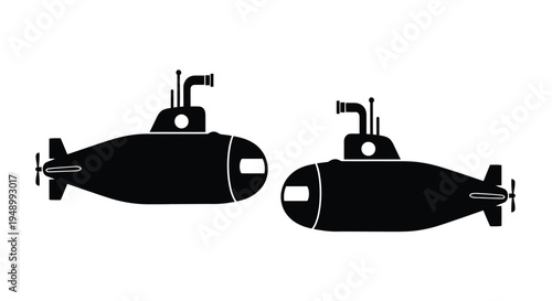 Two black silhouettes of submarines viewed from the side