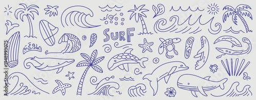 A hand drawn collection of beach and surf in blue line style line palm trees